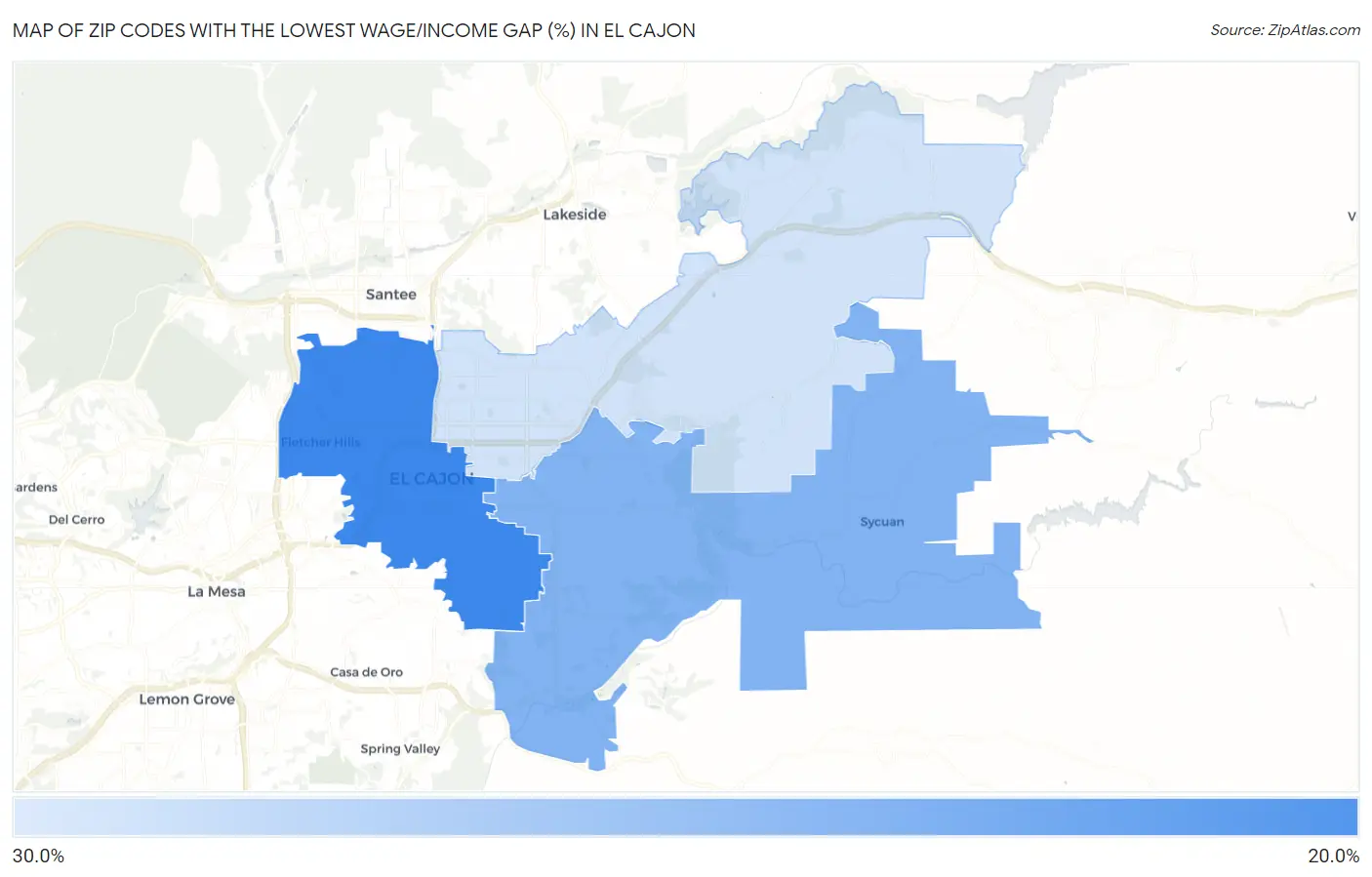 Zip Codes with the Lowest Wage/Income Gap (%) in El Cajon Map