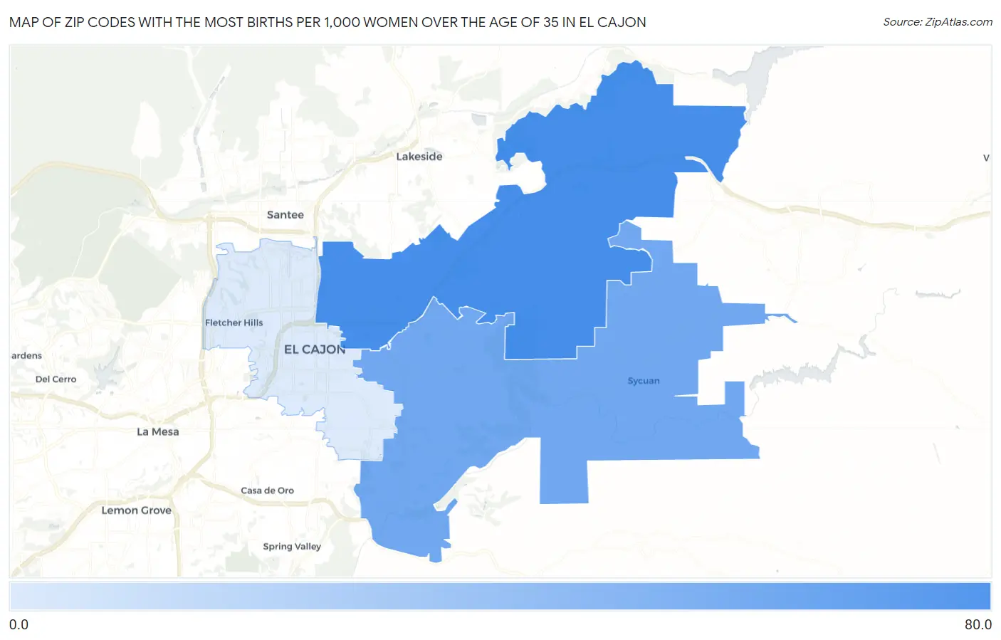 Zip Codes with the Most Births per 1,000 Women Over the Age of 35 in El Cajon Map