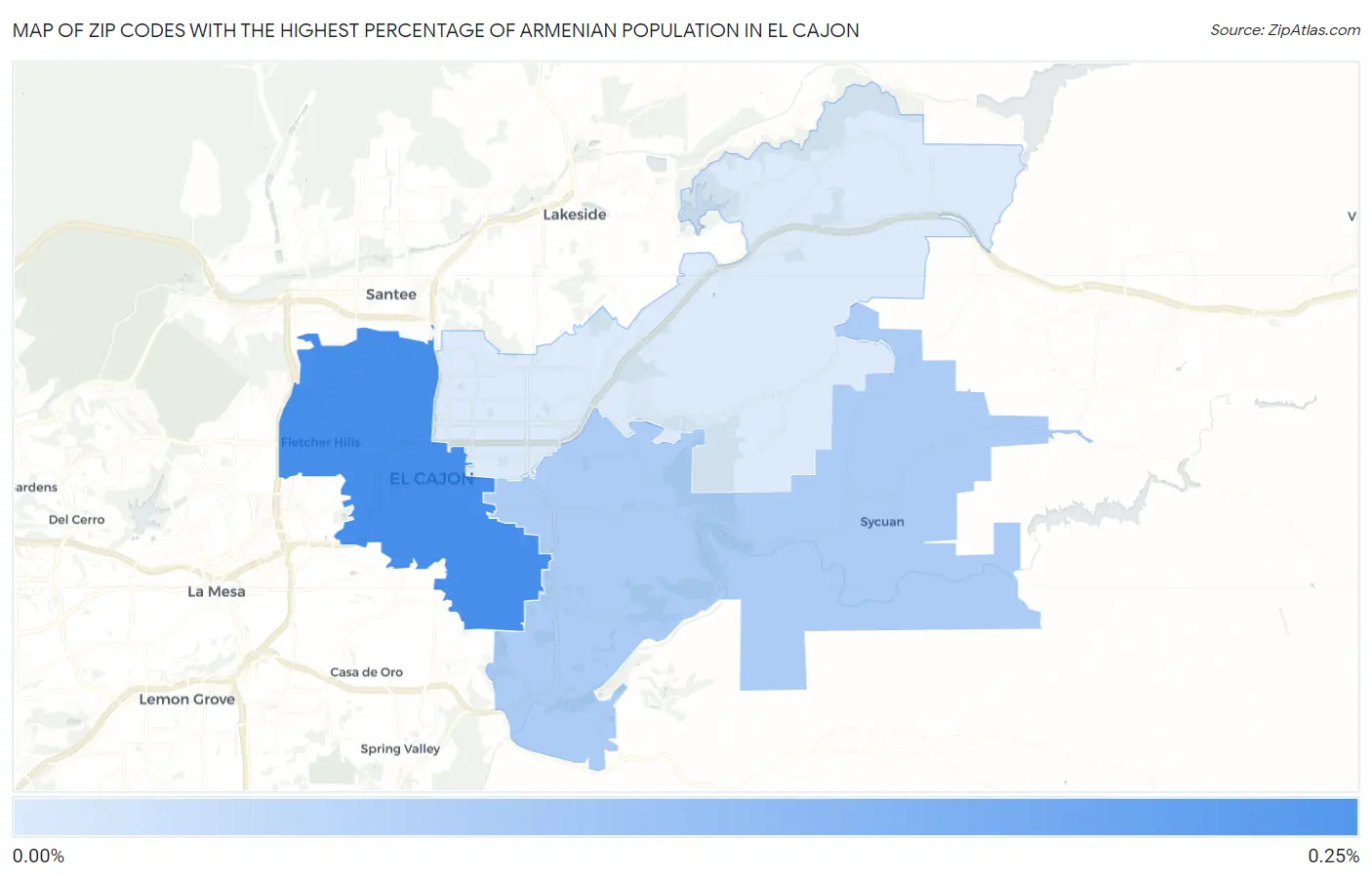 Zip Codes with the Highest Percentage of Armenian Population in El Cajon Map