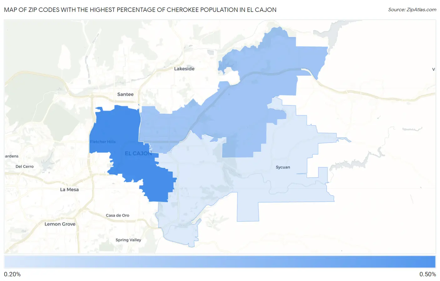 Zip Codes with the Highest Percentage of Cherokee Population in El Cajon Map