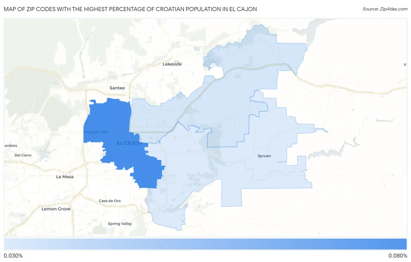 Zip Codes with the Highest Percentage of Croatian Population in El Cajon Map