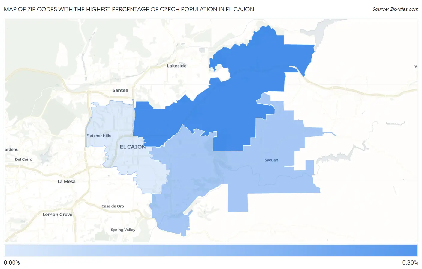 Zip Codes with the Highest Percentage of Czech Population in El Cajon Map