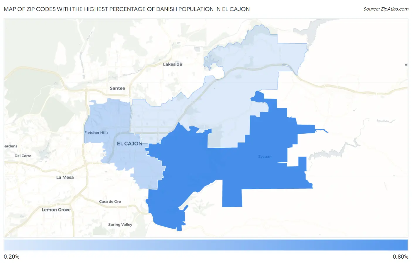 Zip Codes with the Highest Percentage of Danish Population in El Cajon Map