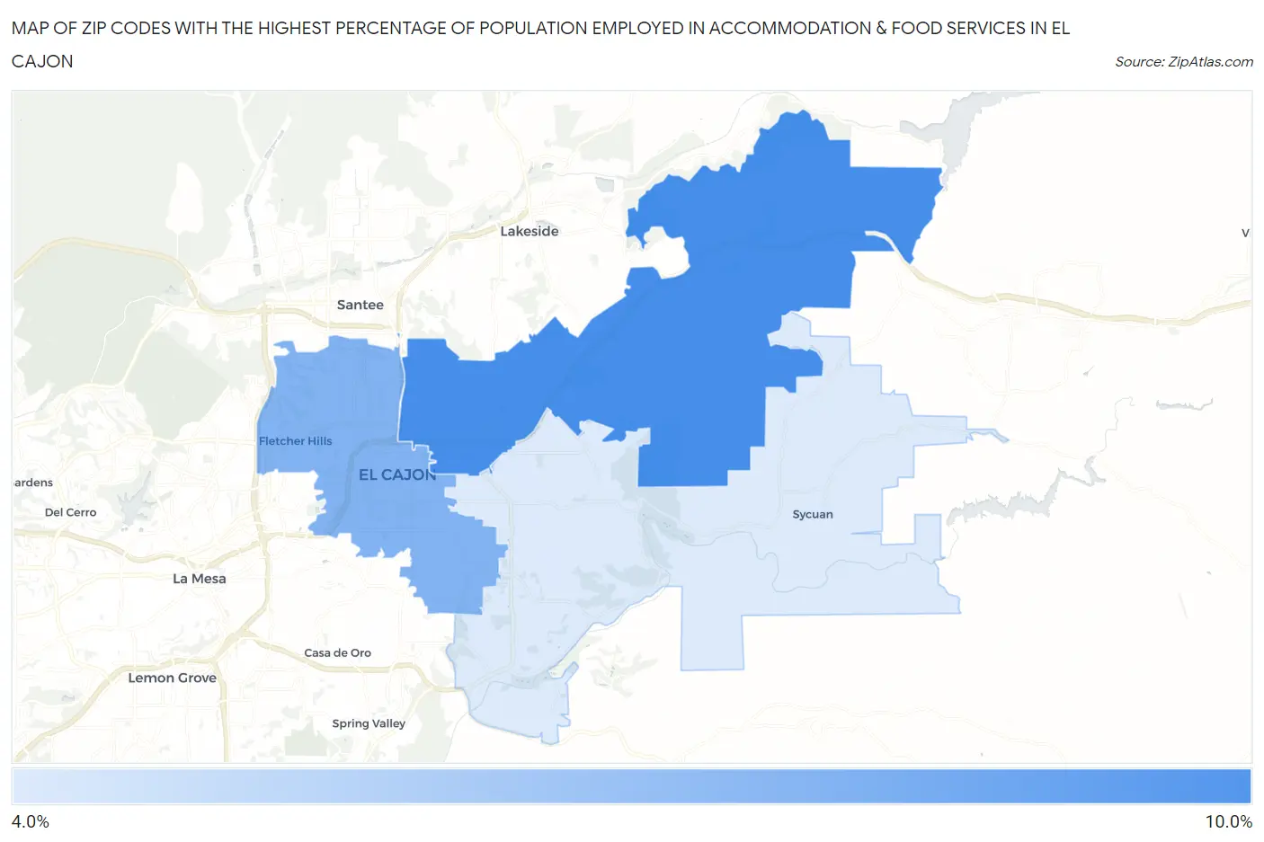 Zip Codes with the Highest Percentage of Population Employed in Accommodation & Food Services in El Cajon Map