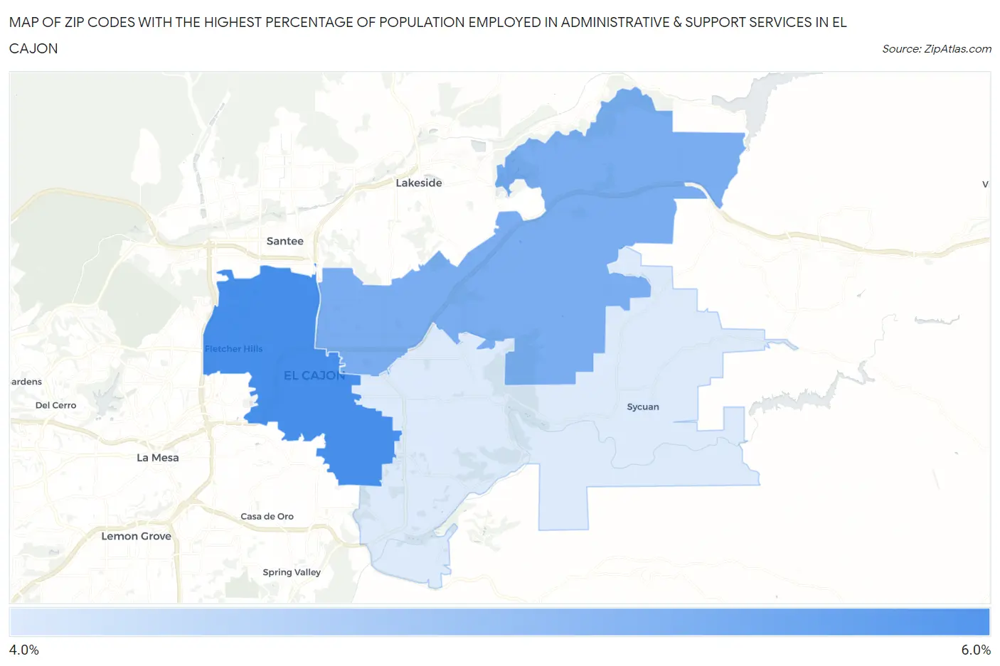 Zip Codes with the Highest Percentage of Population Employed in Administrative & Support Services in El Cajon Map