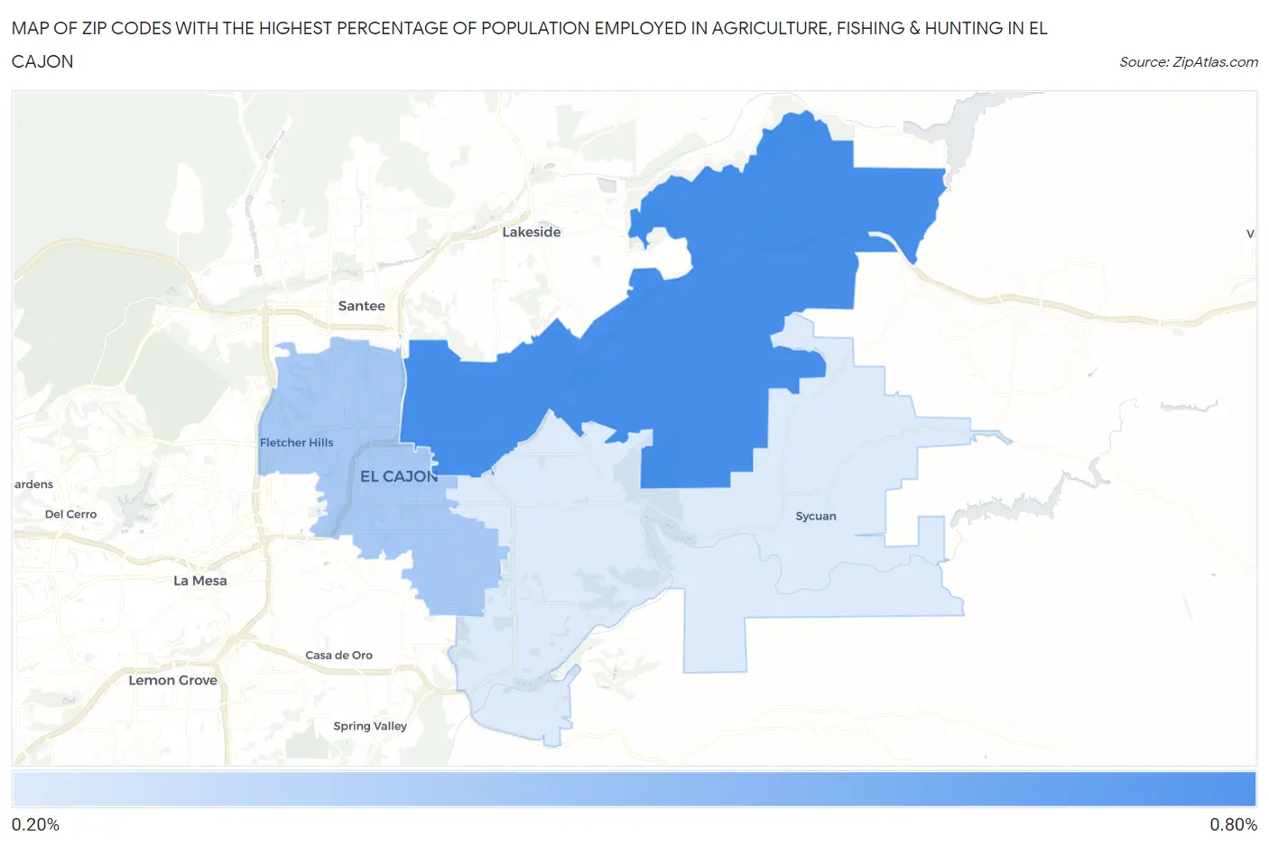 Zip Codes with the Highest Percentage of Population Employed in Agriculture, Fishing & Hunting in El Cajon Map
