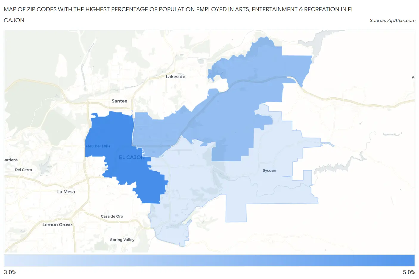 Zip Codes with the Highest Percentage of Population Employed in Arts, Entertainment & Recreation in El Cajon Map
