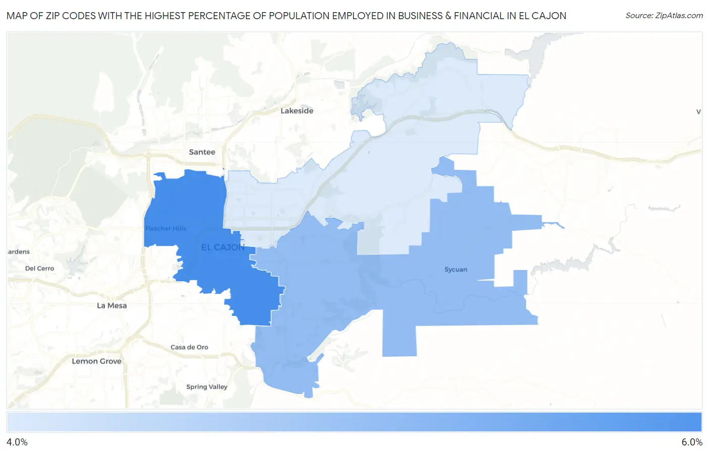 Zip Codes with the Highest Percentage of Population Employed in Business & Financial in El Cajon Map