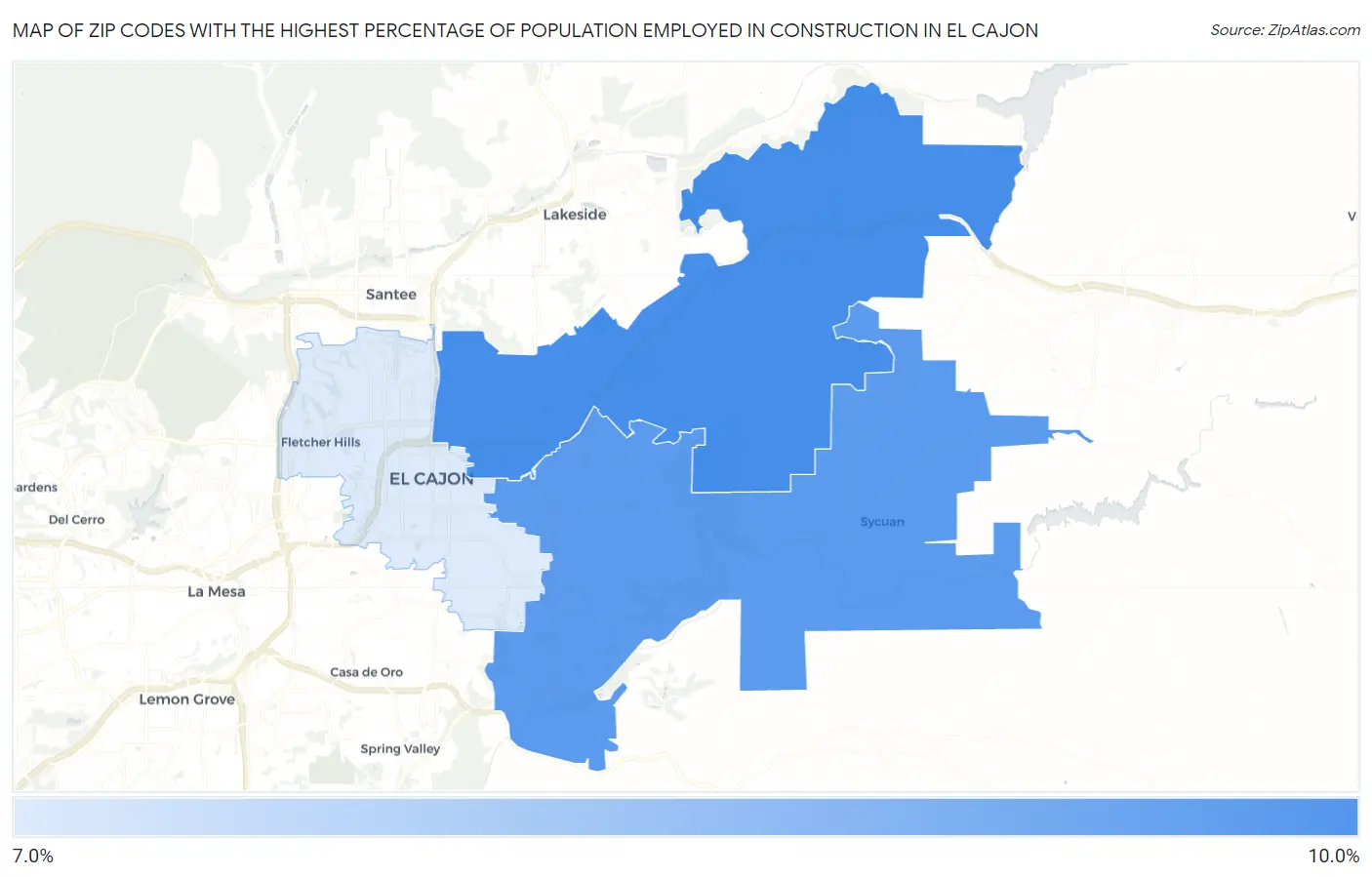 Zip Codes with the Highest Percentage of Population Employed in Construction in El Cajon Map