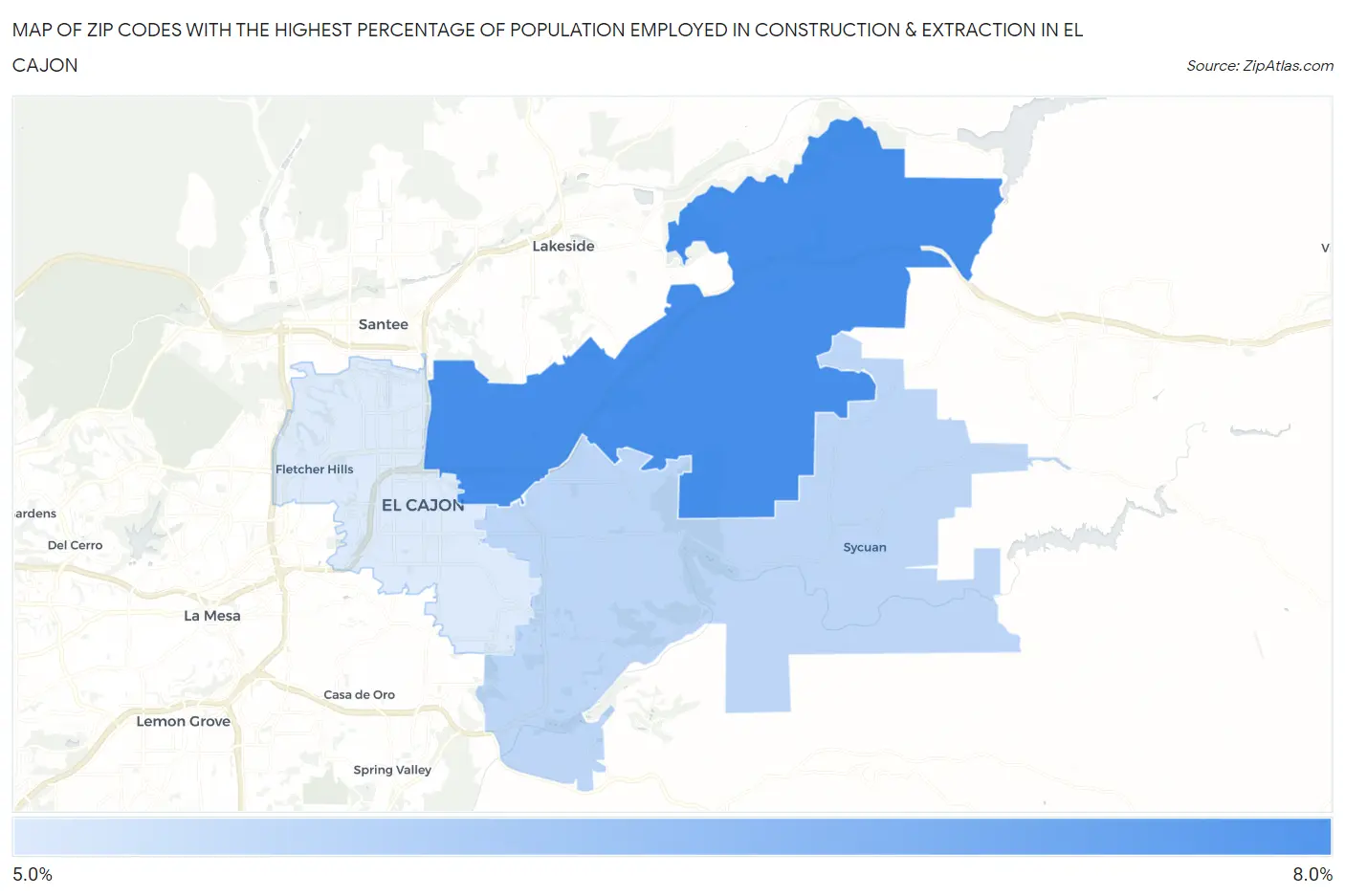 Zip Codes with the Highest Percentage of Population Employed in Construction & Extraction in El Cajon Map