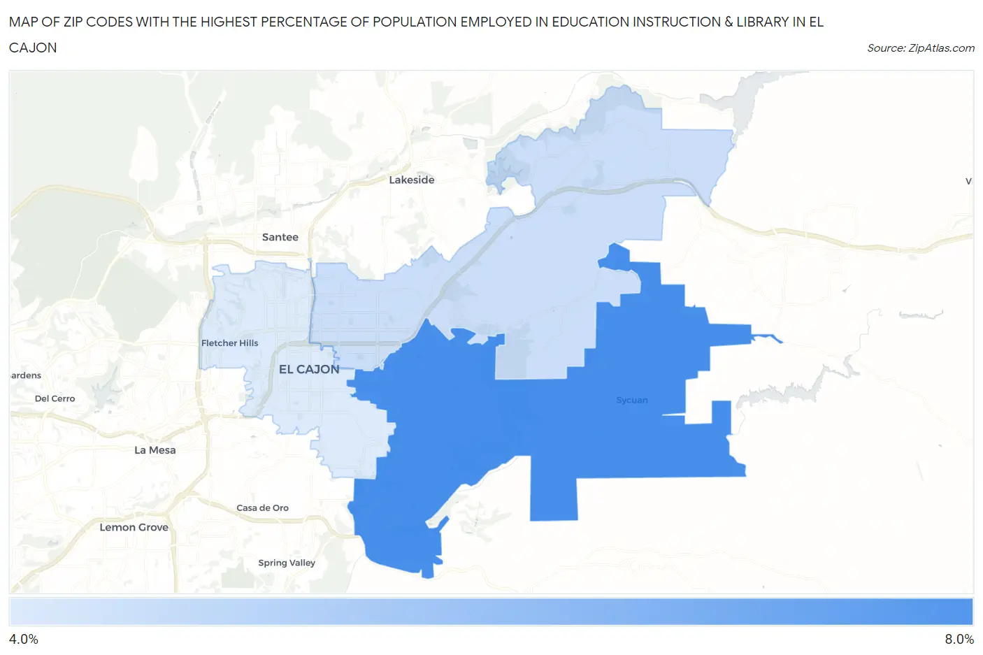 Zip Codes with the Highest Percentage of Population Employed in Education Instruction & Library in El Cajon Map