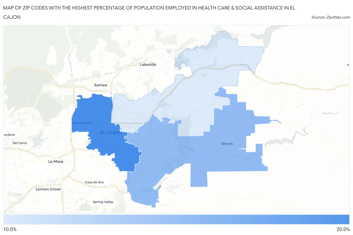 Zip Codes with the Highest Percentage of Population Employed in Health Care & Social Assistance in El Cajon Map