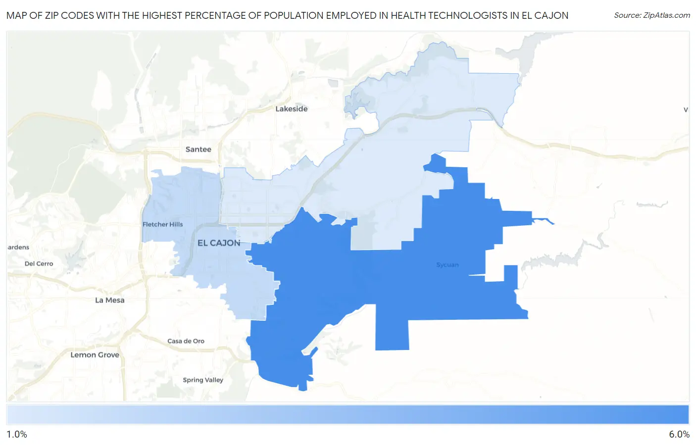 Zip Codes with the Highest Percentage of Population Employed in Health Technologists in El Cajon Map