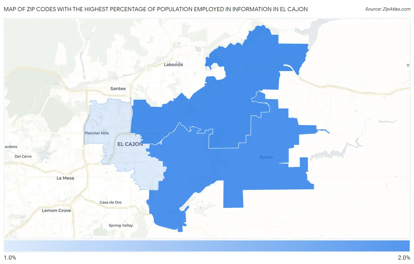 Zip Codes with the Highest Percentage of Population Employed in Information in El Cajon Map