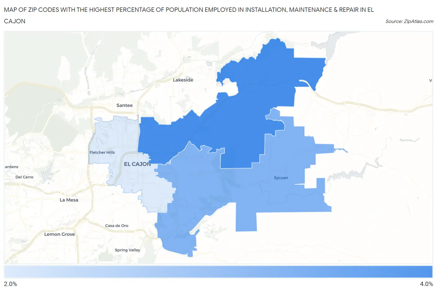 Zip Codes with the Highest Percentage of Population Employed in Installation, Maintenance & Repair in El Cajon Map