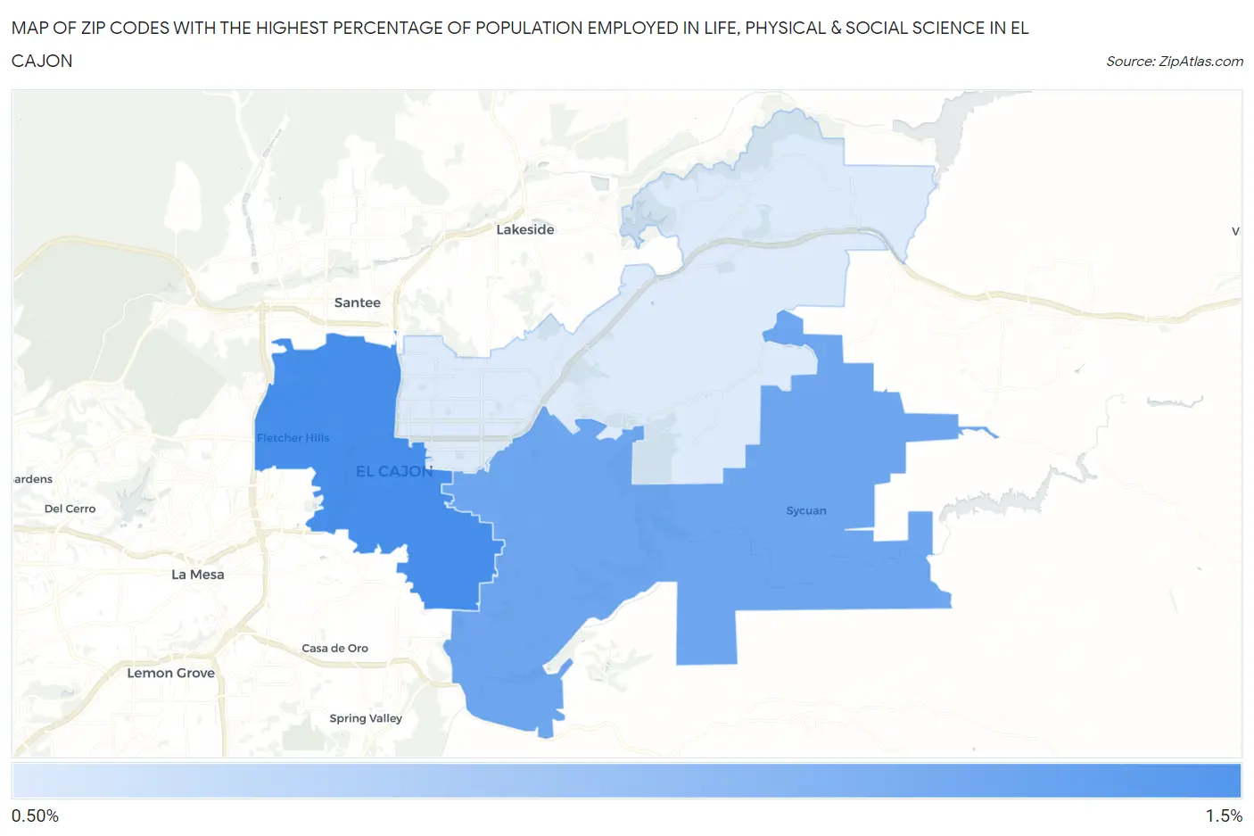 Zip Codes with the Highest Percentage of Population Employed in Life, Physical & Social Science in El Cajon Map