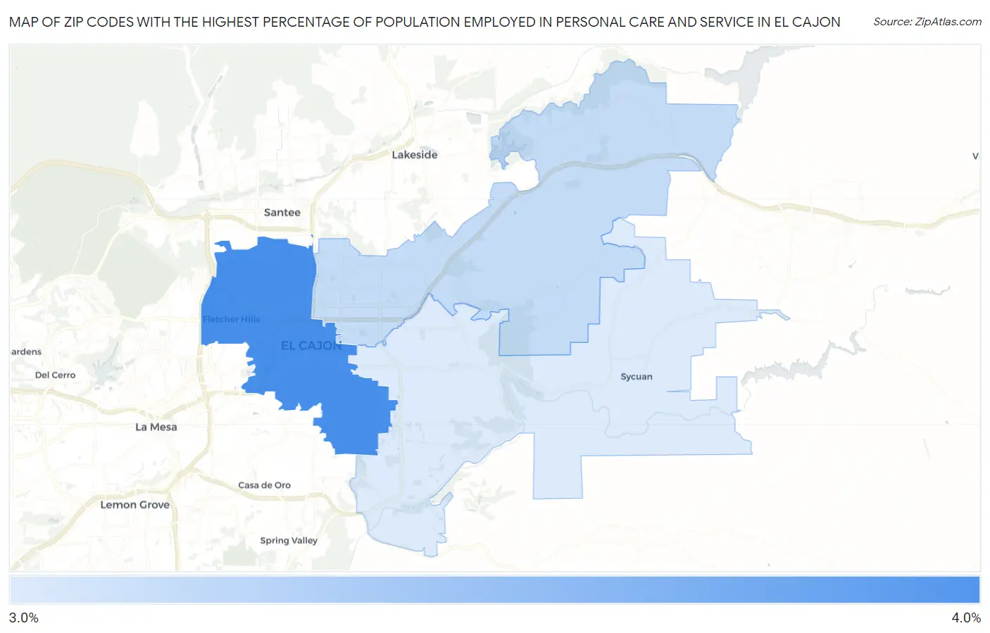 Zip Codes with the Highest Percentage of Population Employed in Personal Care and Service in El Cajon Map