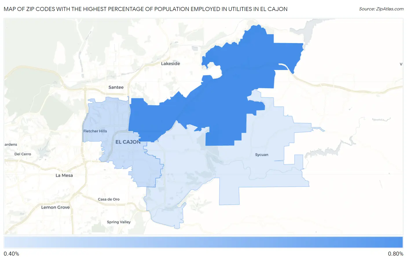 Zip Codes with the Highest Percentage of Population Employed in Utilities in El Cajon Map