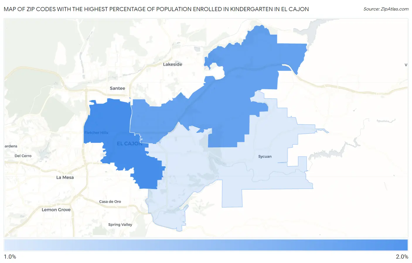 Zip Codes with the Highest Percentage of Population Enrolled in Kindergarten in El Cajon Map
