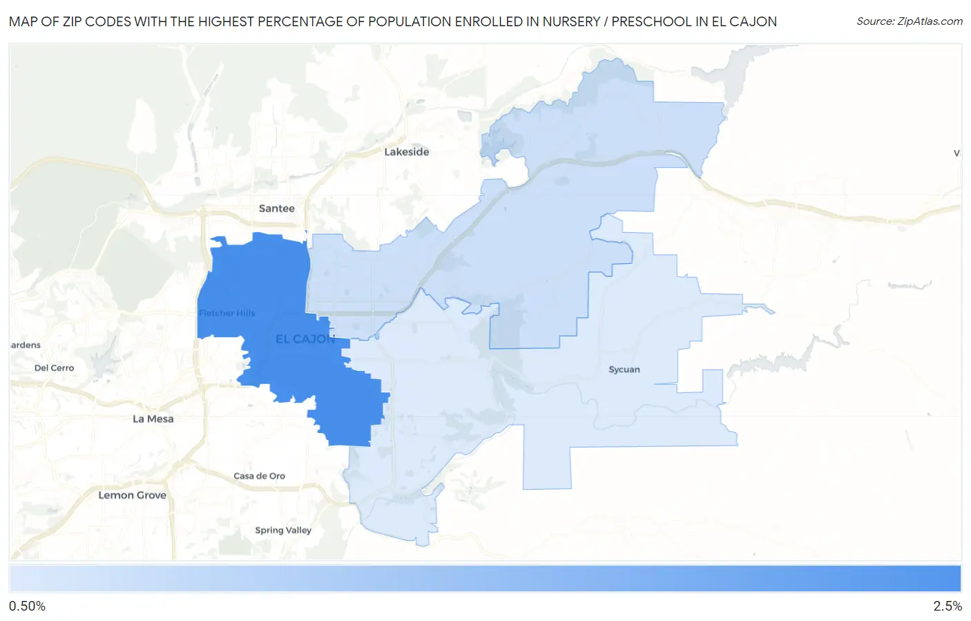 Zip Codes with the Highest Percentage of Population Enrolled in Nursery / Preschool in El Cajon Map