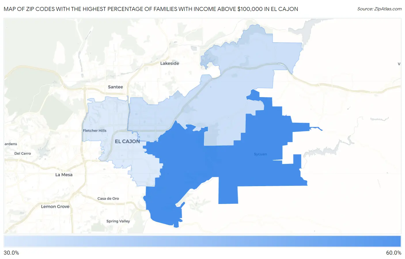 Zip Codes with the Highest Percentage of Families with Income Above $100,000 in El Cajon Map