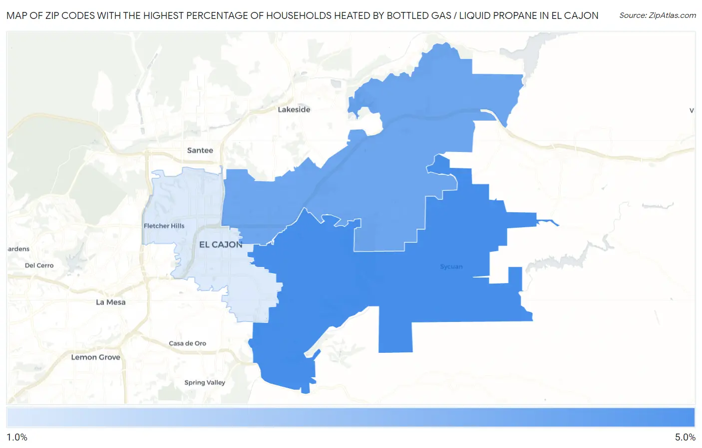 Zip Codes with the Highest Percentage of Households Heated by Bottled Gas / Liquid Propane in El Cajon Map
