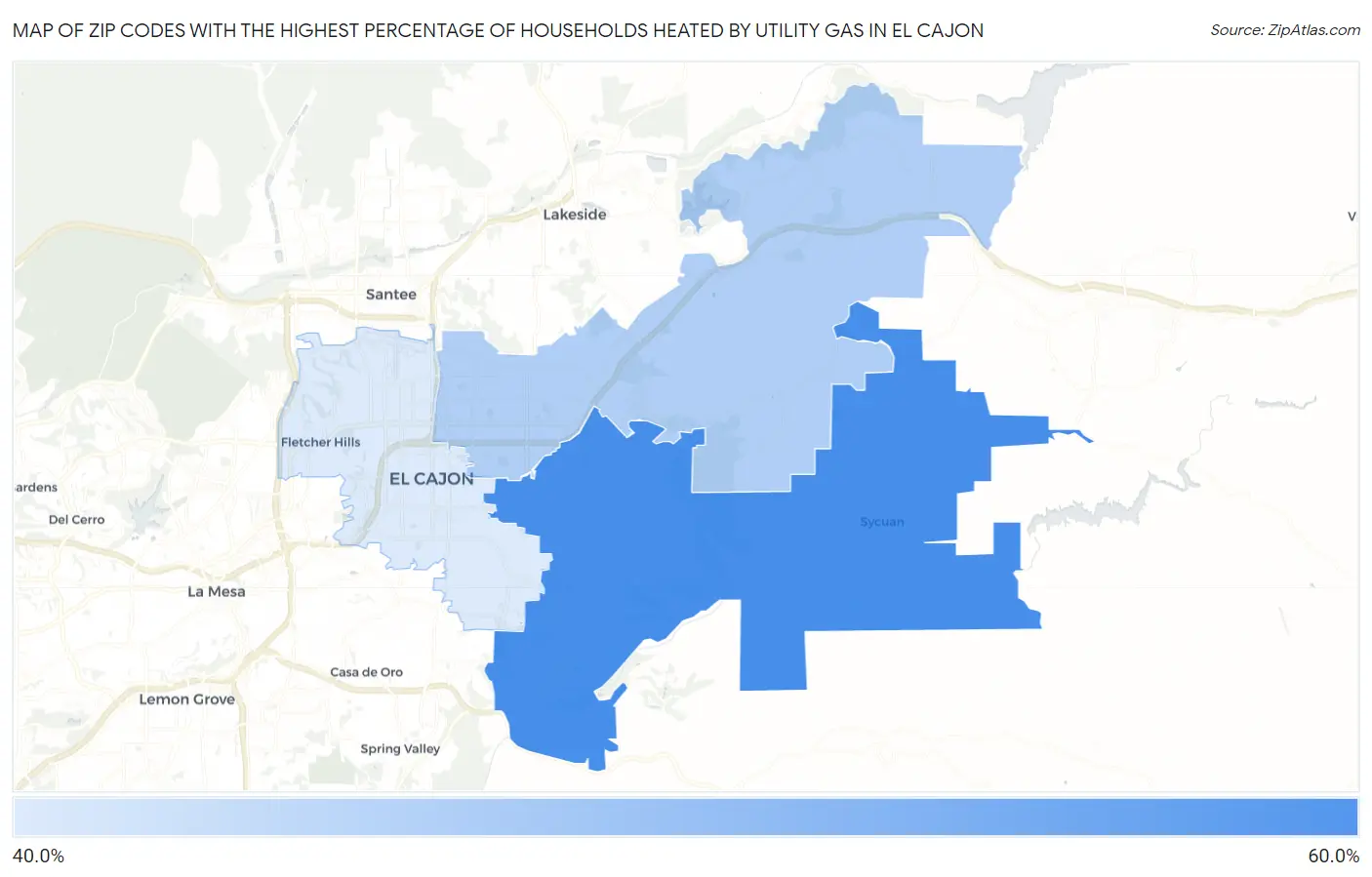 Zip Codes with the Highest Percentage of Households Heated by Utility Gas in El Cajon Map