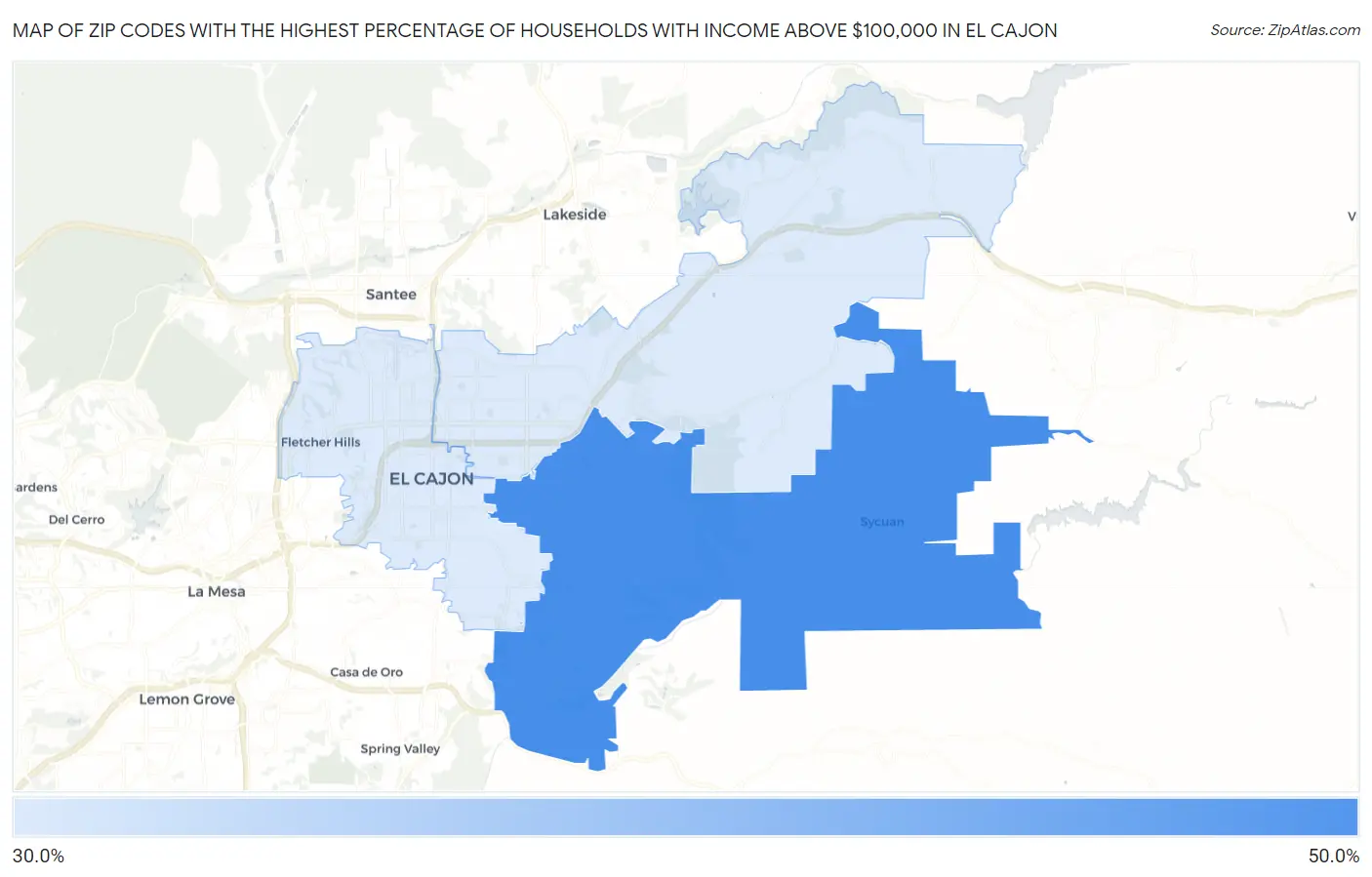 Zip Codes with the Highest Percentage of Households with Income Above $100,000 in El Cajon Map