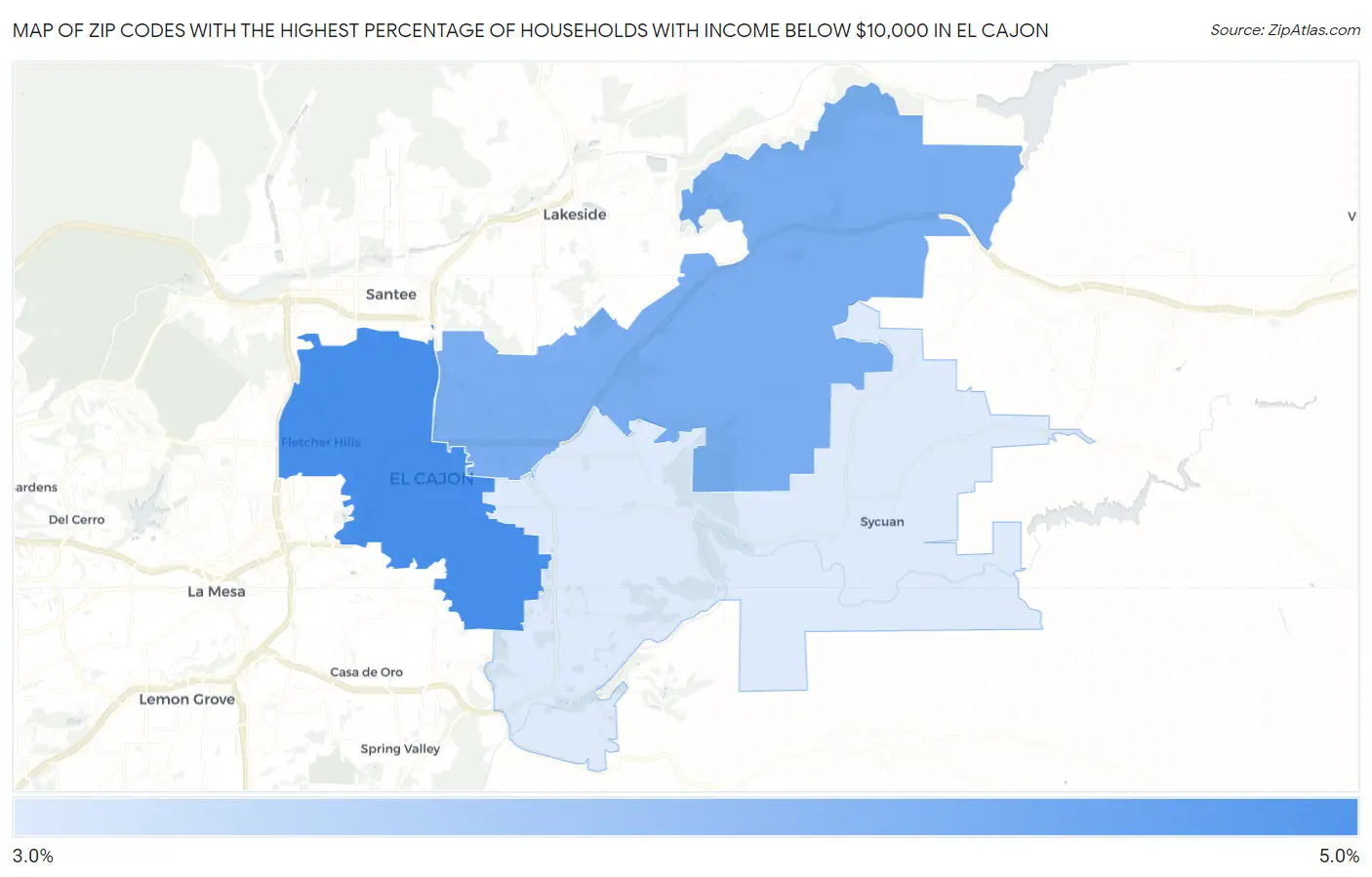 Zip Codes with the Highest Percentage of Households with Income Below $10,000 in El Cajon Map