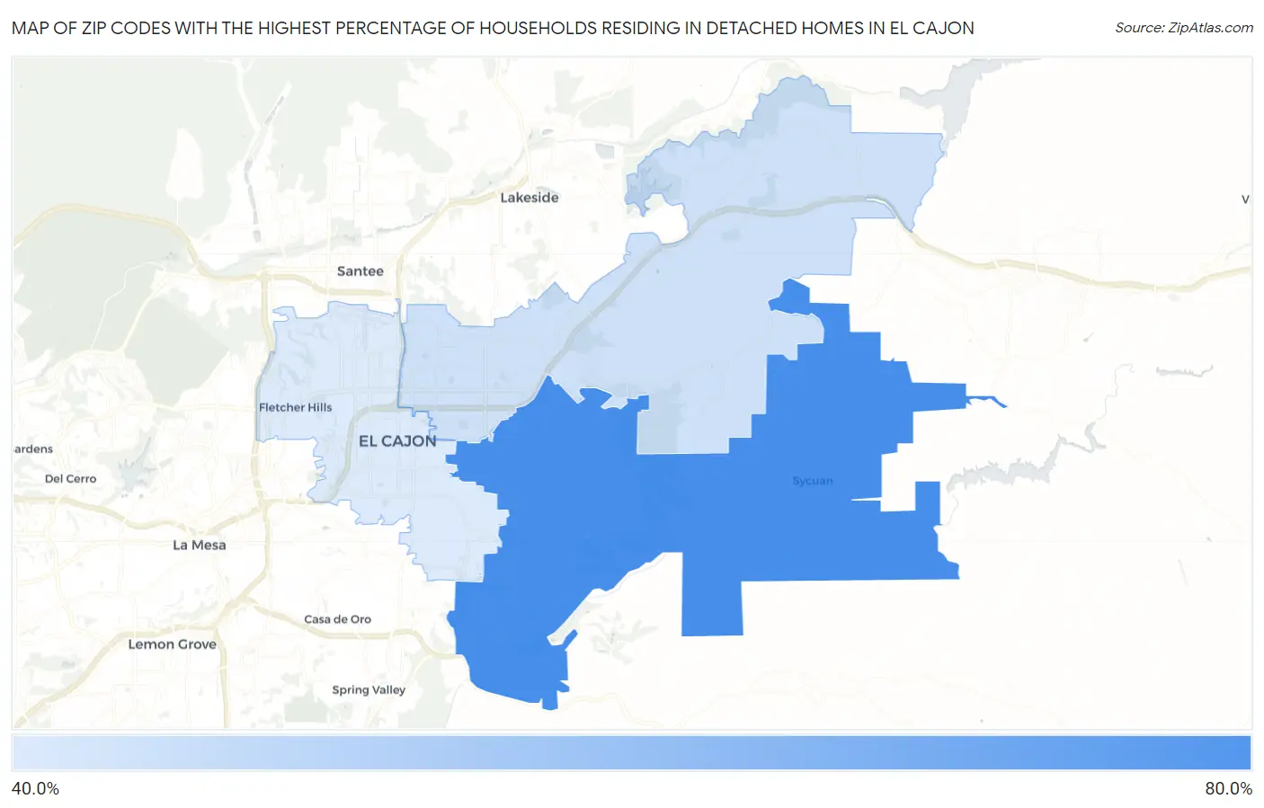 Zip Codes with the Highest Percentage of Households Residing in Detached Homes in El Cajon Map