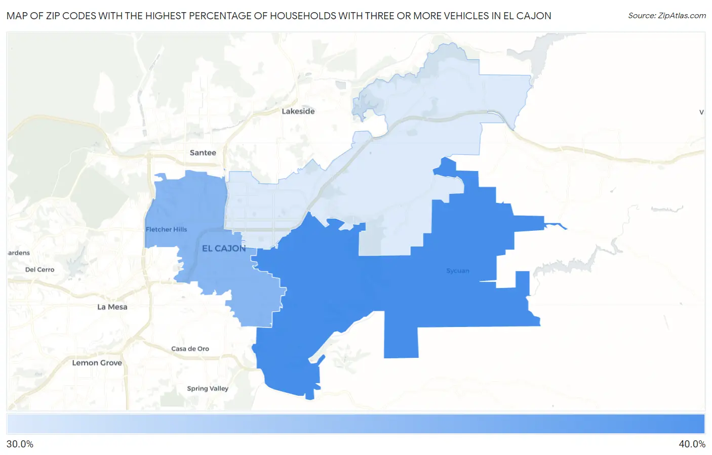 Zip Codes with the Highest Percentage of Households With Three or more Vehicles in El Cajon Map
