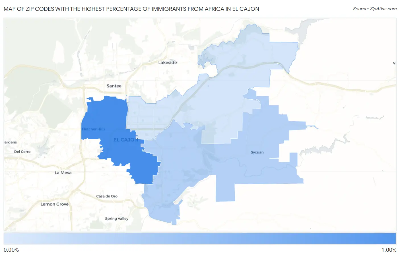 Zip Codes with the Highest Percentage of Immigrants from Africa in El Cajon Map