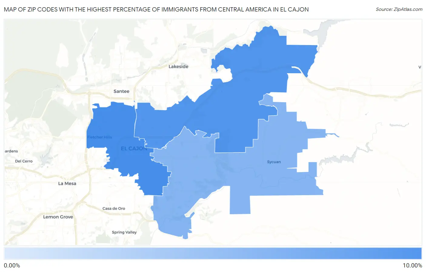 Zip Codes with the Highest Percentage of Immigrants from Central America in El Cajon Map