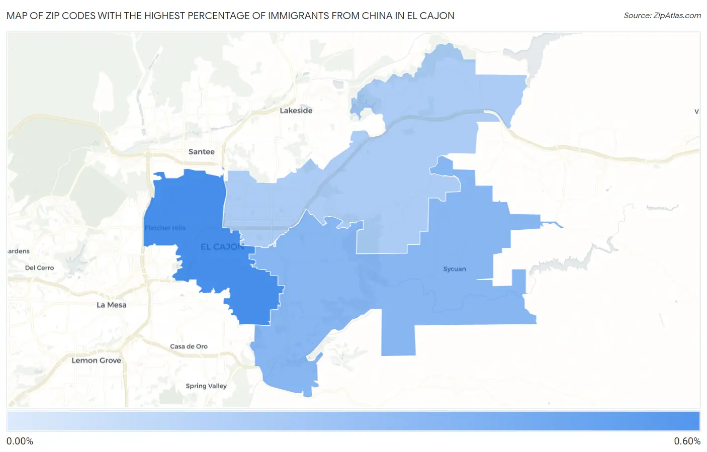 Zip Codes with the Highest Percentage of Immigrants from China in El Cajon Map