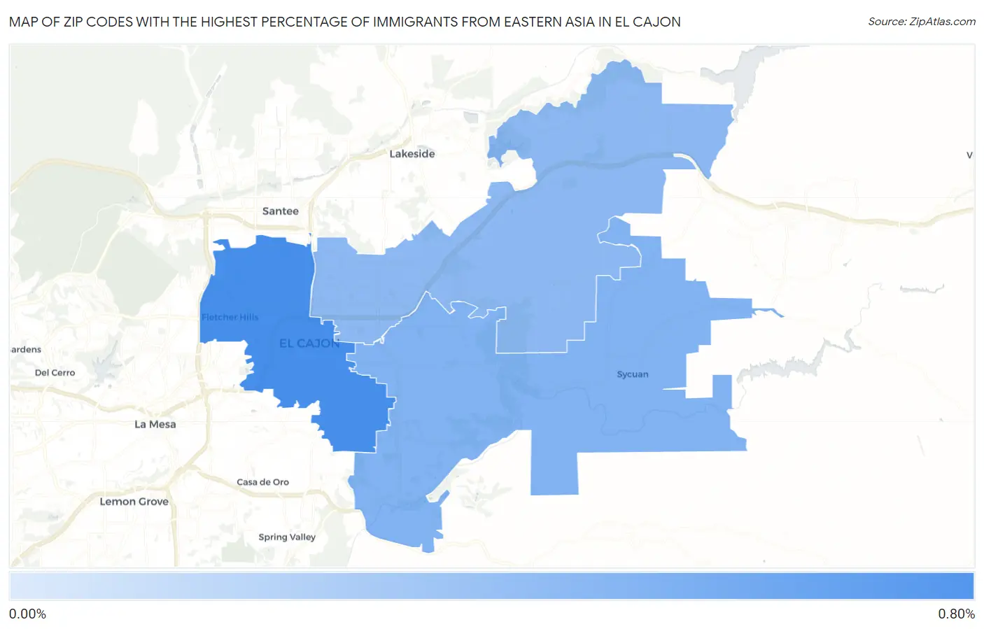 Zip Codes with the Highest Percentage of Immigrants from Eastern Asia in El Cajon Map