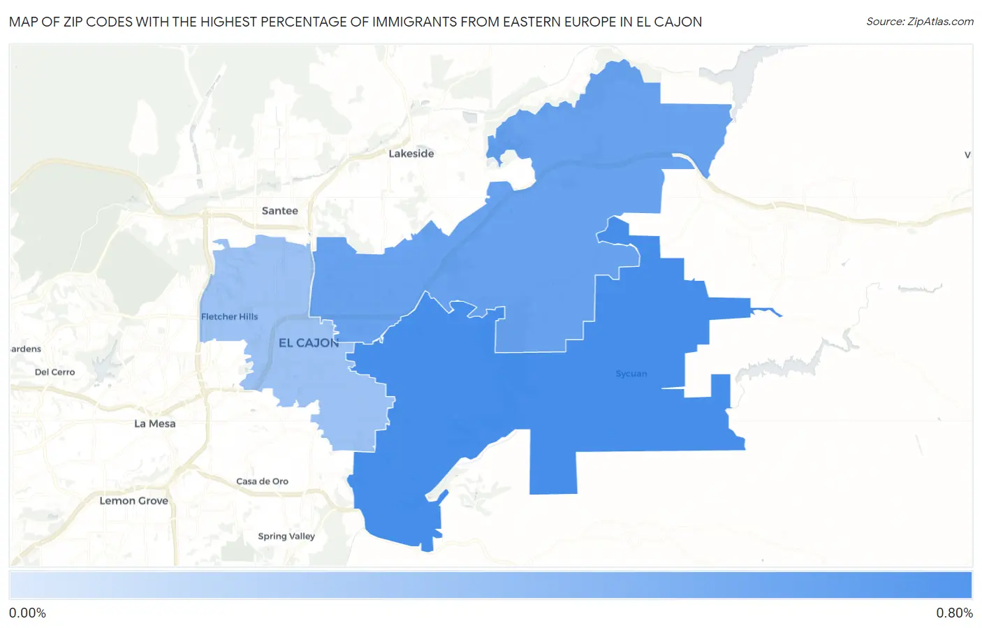 Zip Codes with the Highest Percentage of Immigrants from Eastern Europe in El Cajon Map