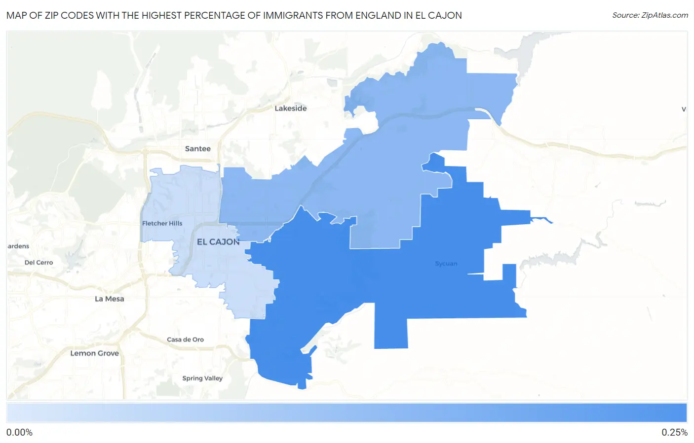 Zip Codes with the Highest Percentage of Immigrants from England in El Cajon Map