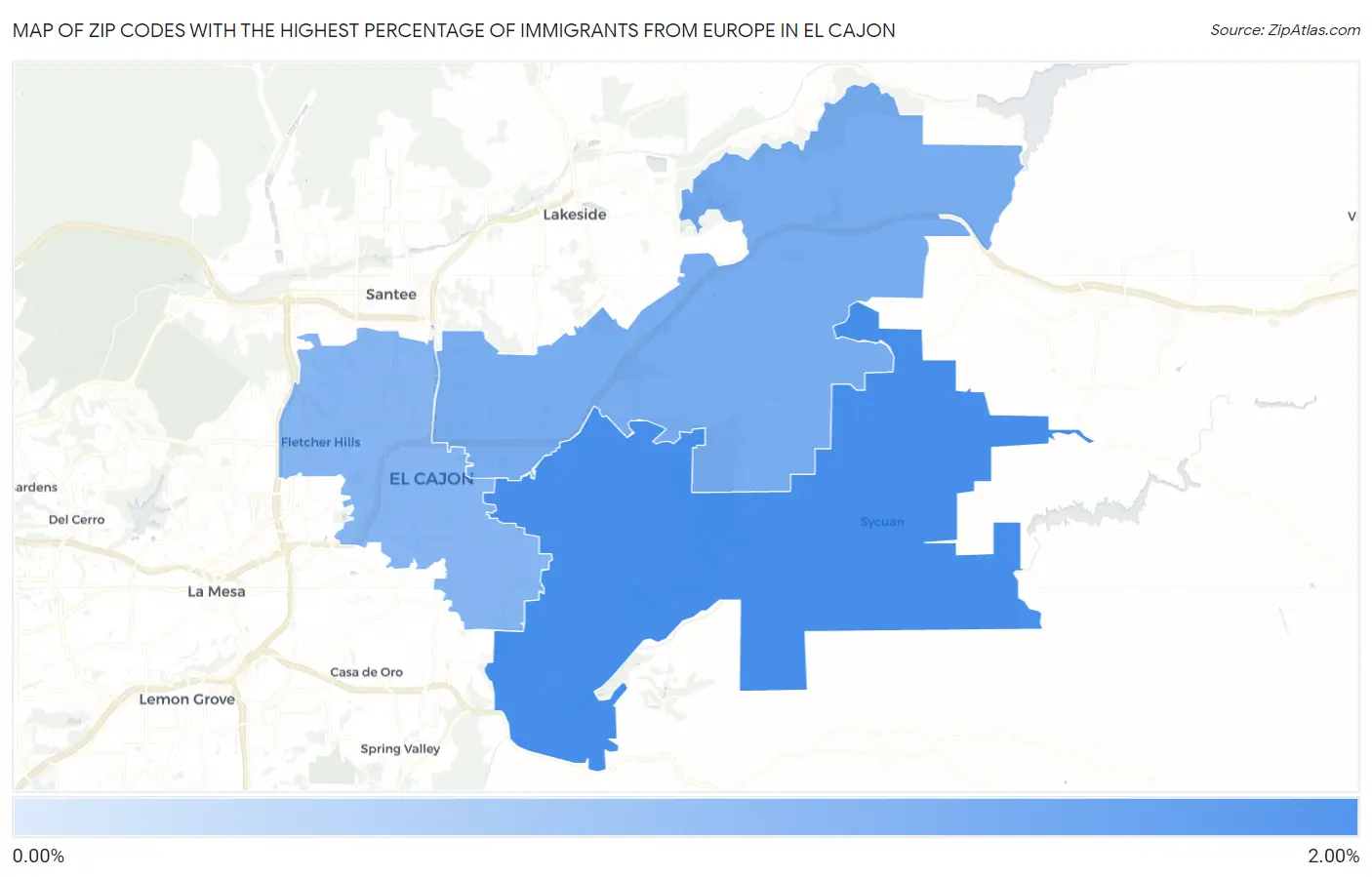 Zip Codes with the Highest Percentage of Immigrants from Europe in El Cajon Map