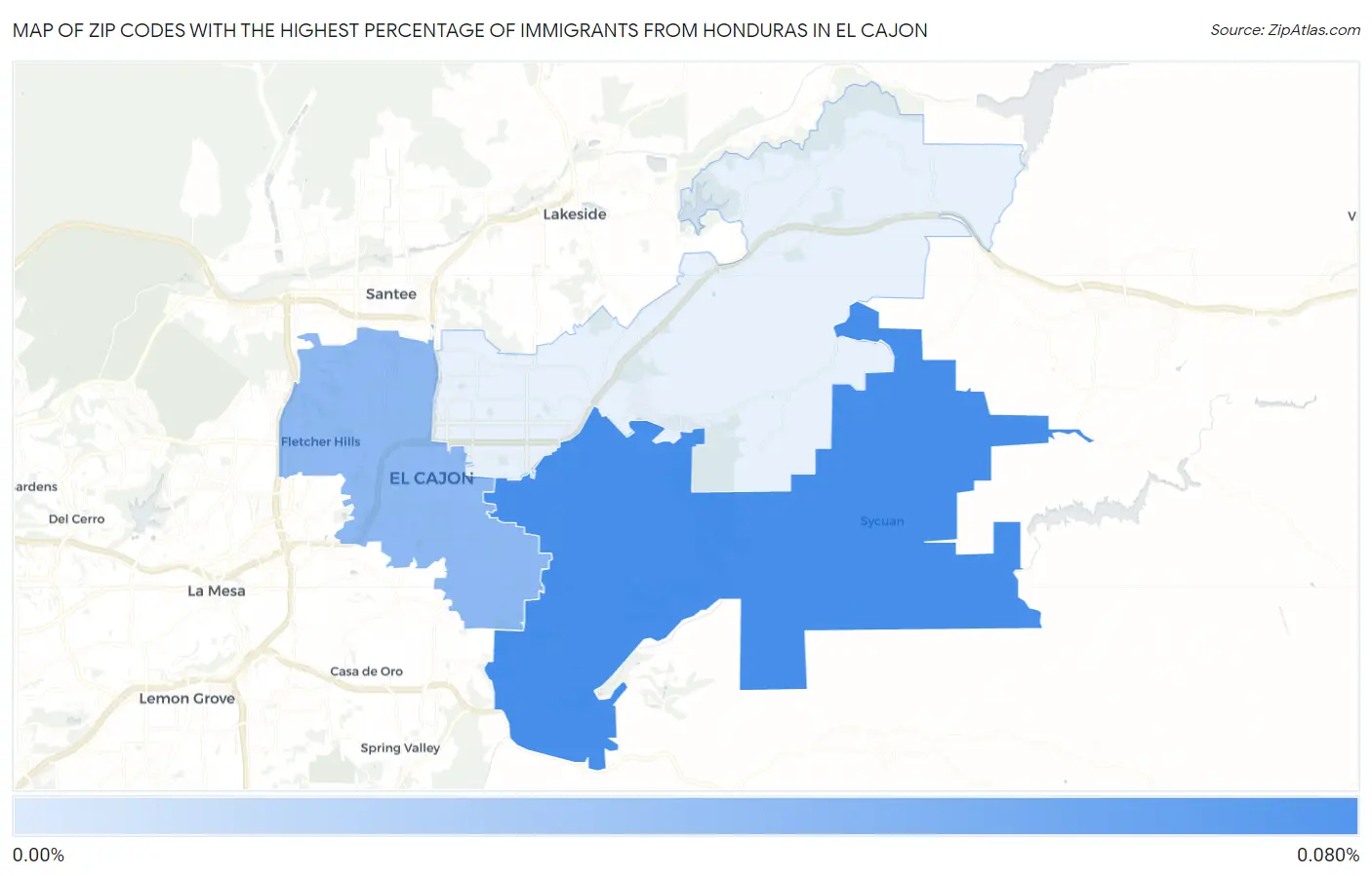 Zip Codes with the Highest Percentage of Immigrants from Honduras in El Cajon Map