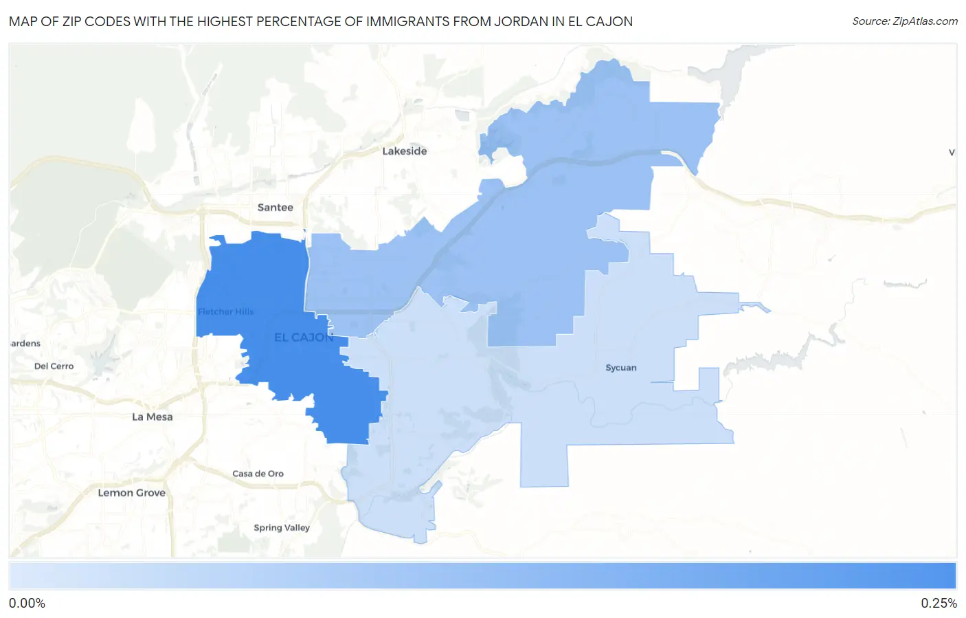 Zip Codes with the Highest Percentage of Immigrants from Jordan in El Cajon Map