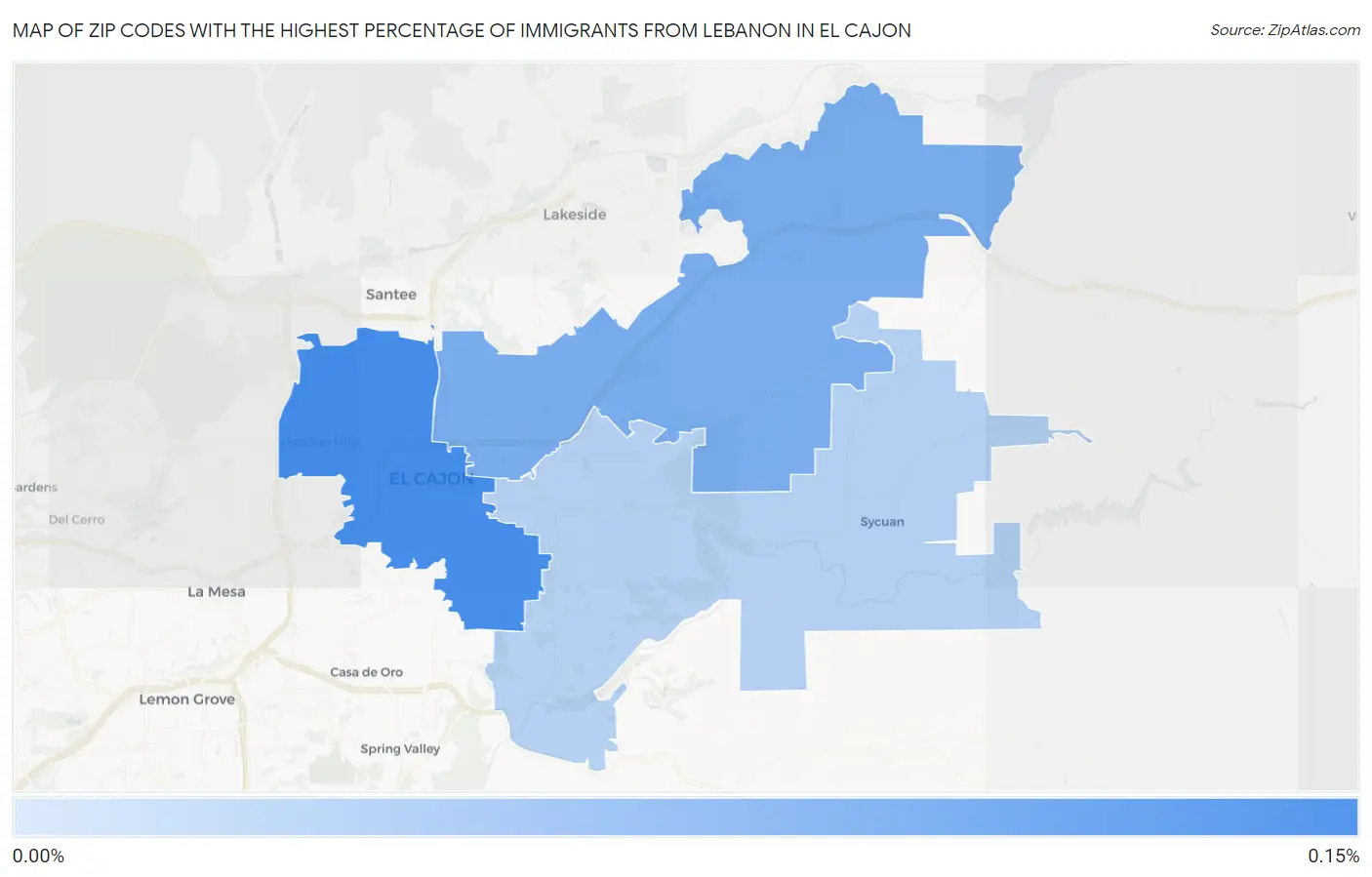 Zip Codes with the Highest Percentage of Immigrants from Lebanon in El Cajon Map