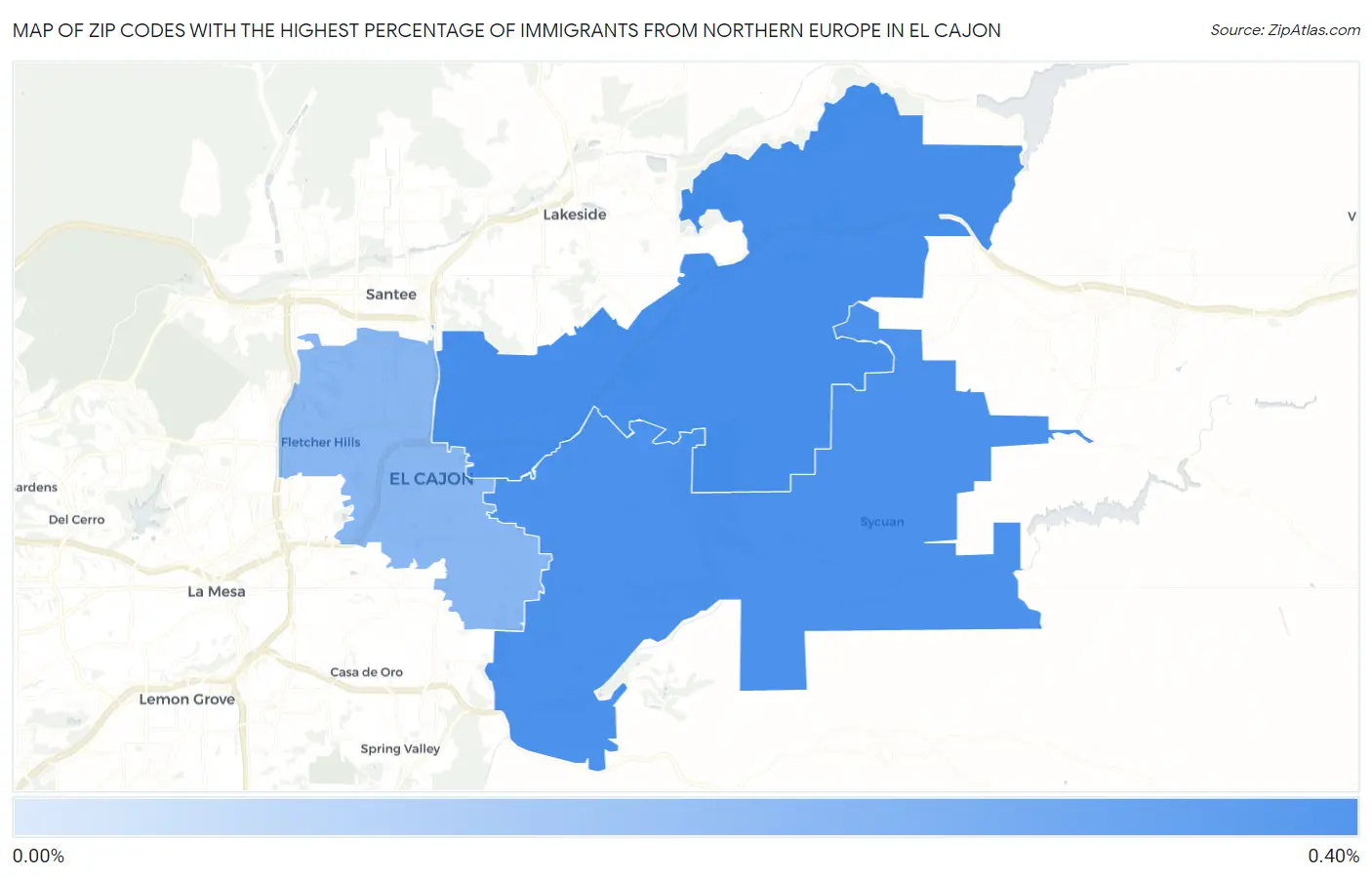 Zip Codes with the Highest Percentage of Immigrants from Northern Europe in El Cajon Map