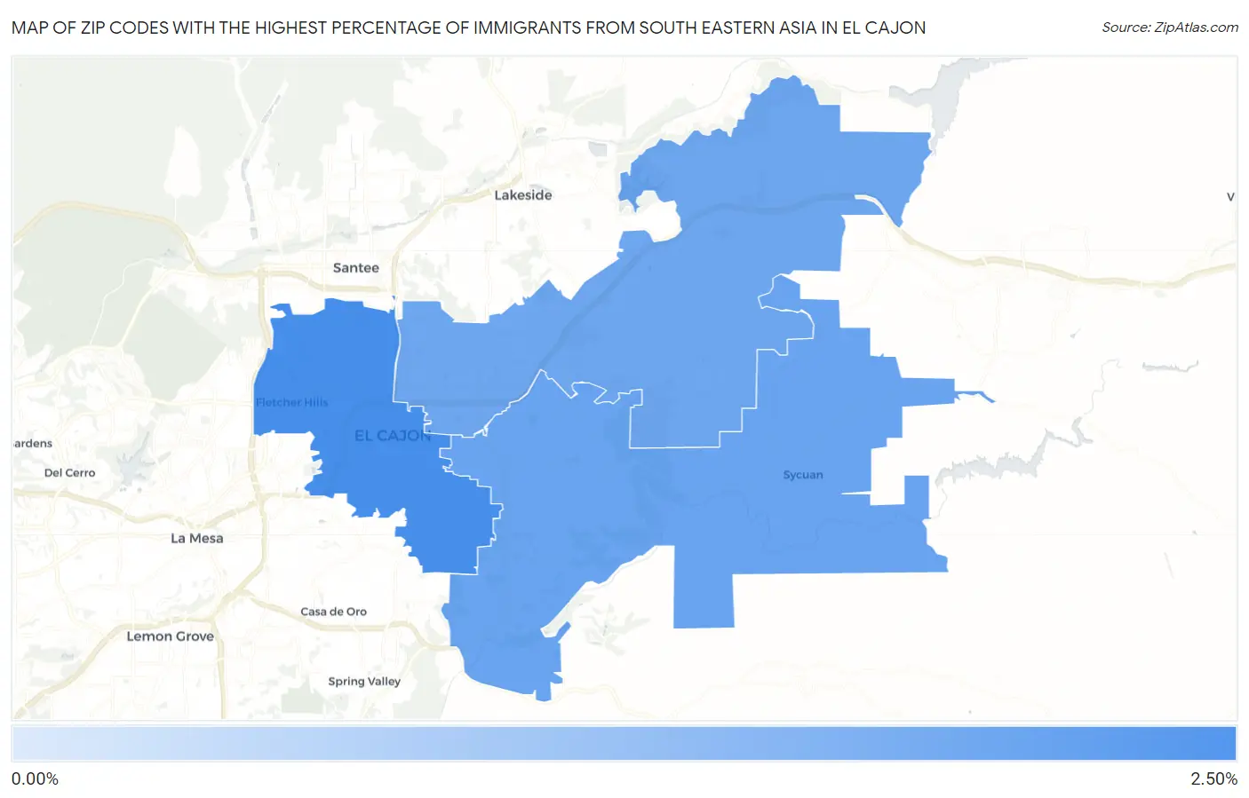 Zip Codes with the Highest Percentage of Immigrants from South Eastern Asia in El Cajon Map