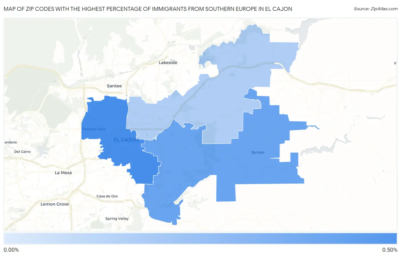 Zip Codes with the Highest Percentage of Immigrants from Southern Europe in El Cajon Map