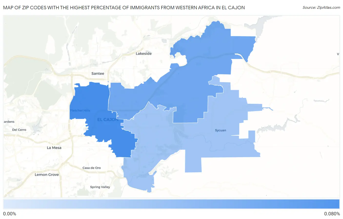 Zip Codes with the Highest Percentage of Immigrants from Western Africa in El Cajon Map