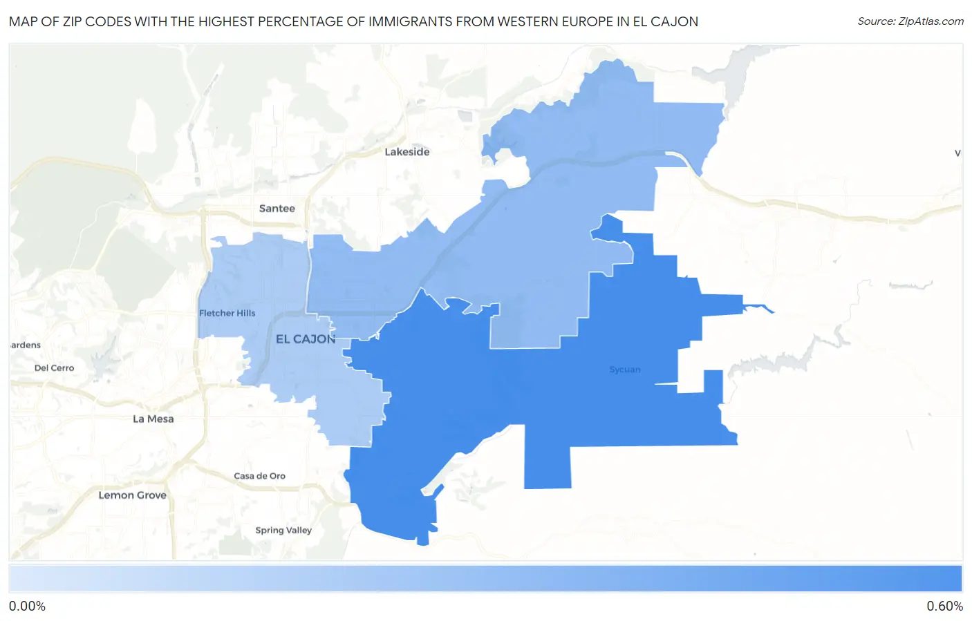 Zip Codes with the Highest Percentage of Immigrants from Western Europe in El Cajon Map