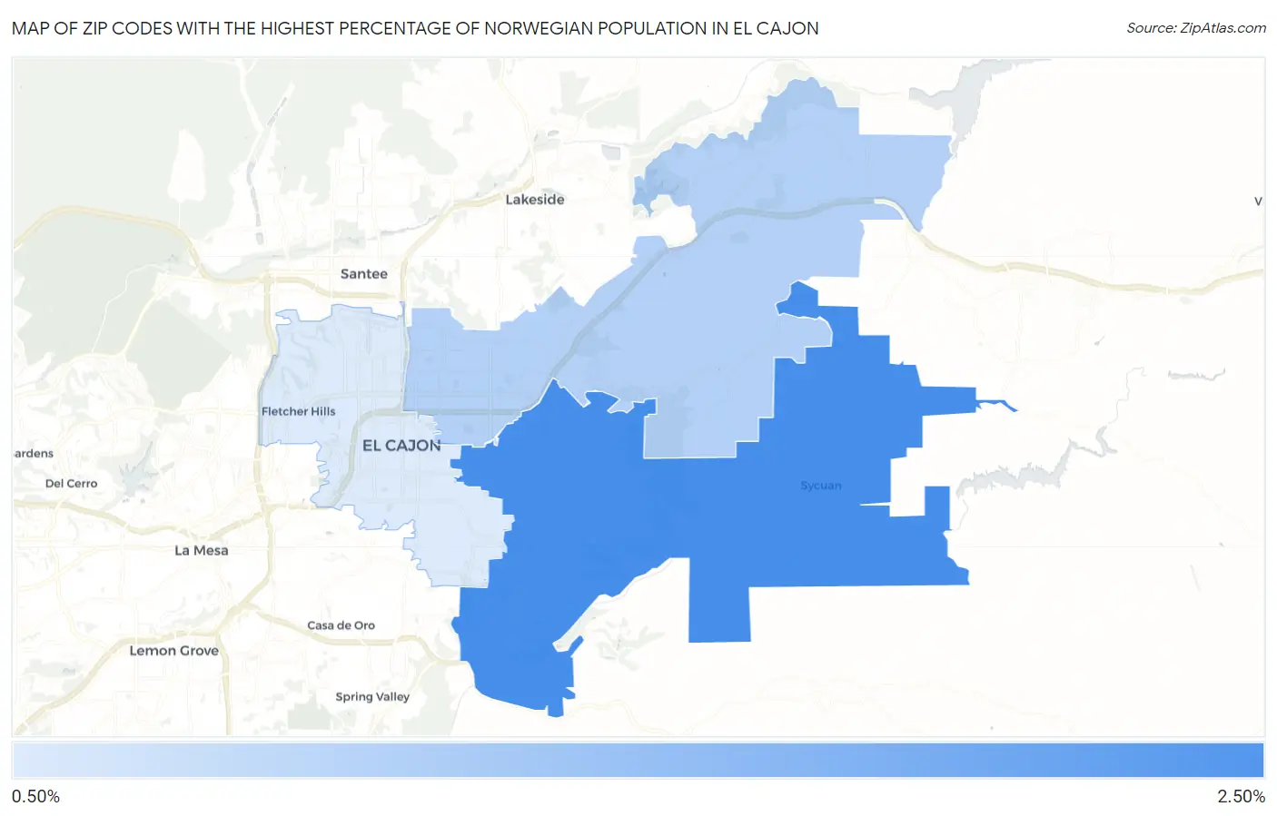 Zip Codes with the Highest Percentage of Norwegian Population in El Cajon Map
