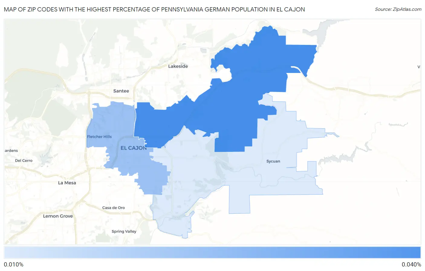 Zip Codes with the Highest Percentage of Pennsylvania German Population in El Cajon Map