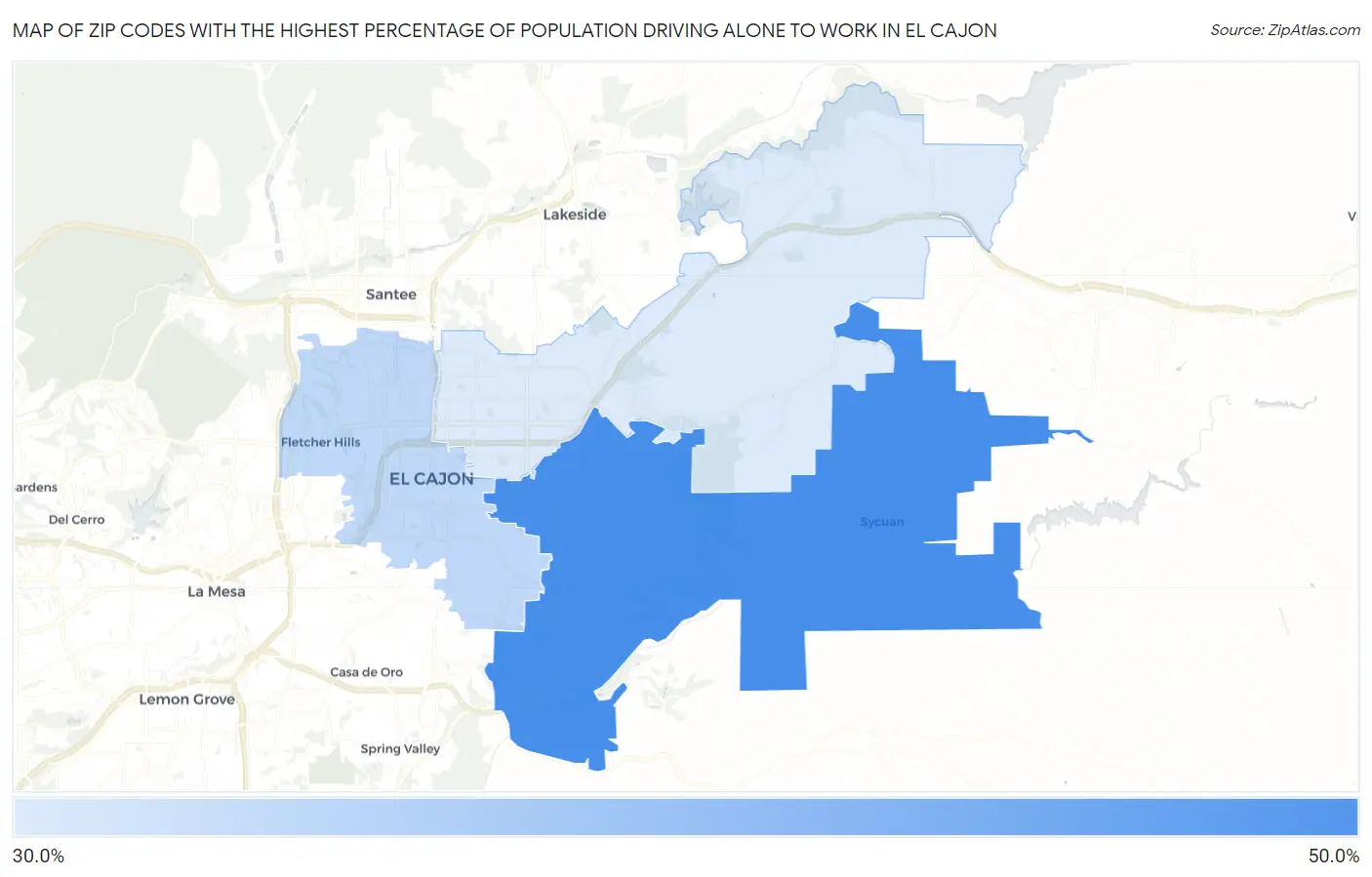 Zip Codes with the Highest Percentage of Population Driving Alone to Work in El Cajon Map