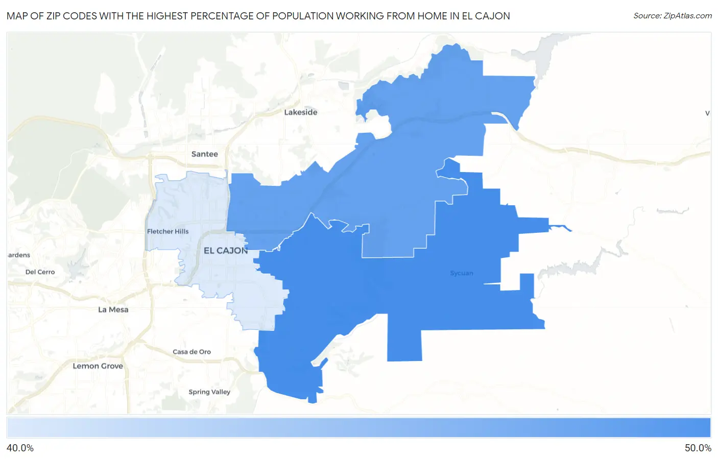 Zip Codes with the Highest Percentage of Population Working from Home in El Cajon Map